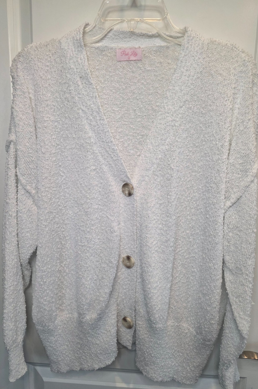 Pink Lily Cardigan Sweater Women's S White Boucle Knit Button Front Long Sleeve